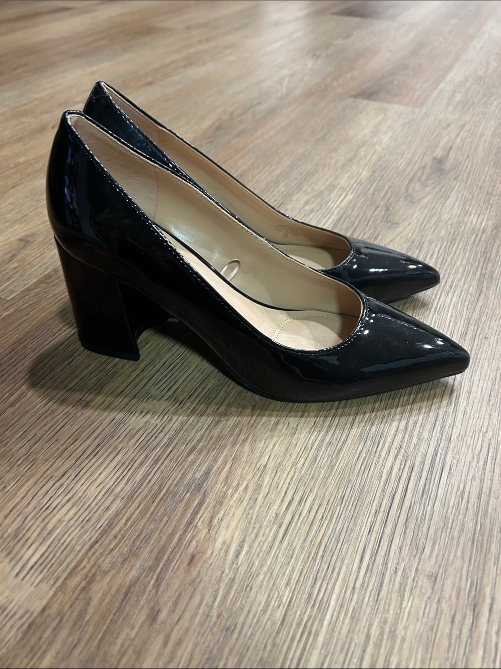 Unisa Black Patent Pointed Block Heel Pumps